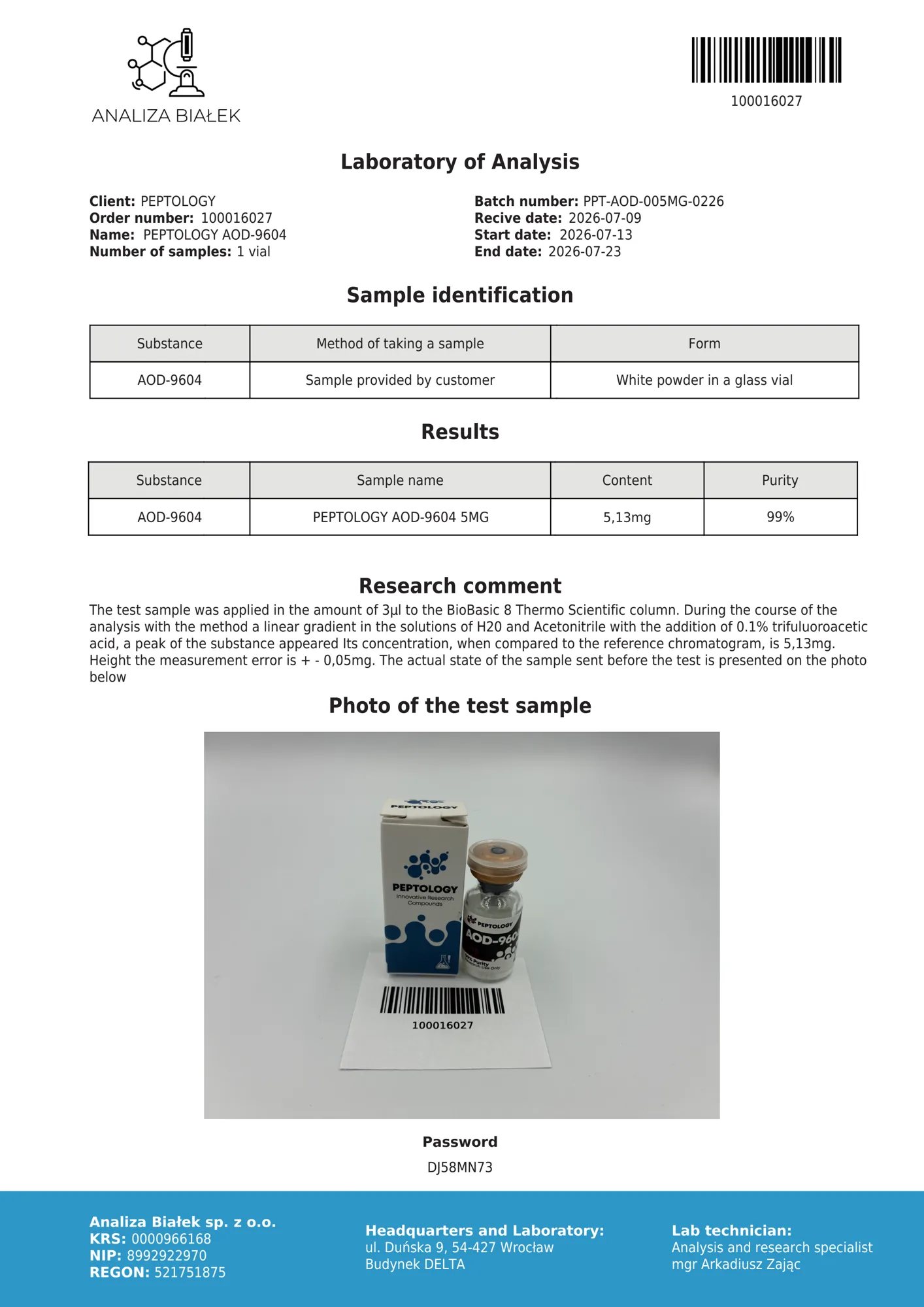 AOD-9604 5 mg – HPLC purity certificate, batch 0226