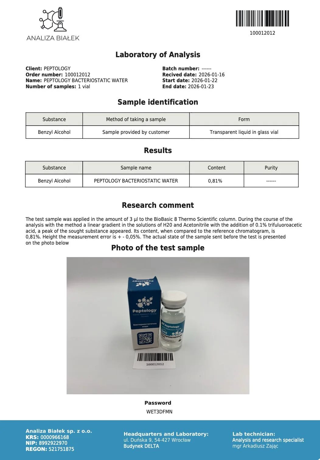 Água bacteriostática – HPLC purity certificate