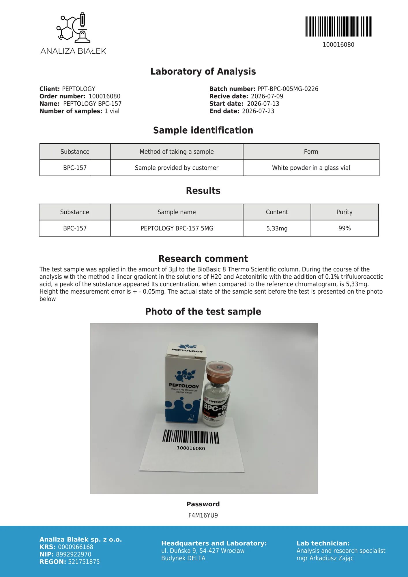 BPC-157 5 mg – HPLC purity certificate, batch 0226