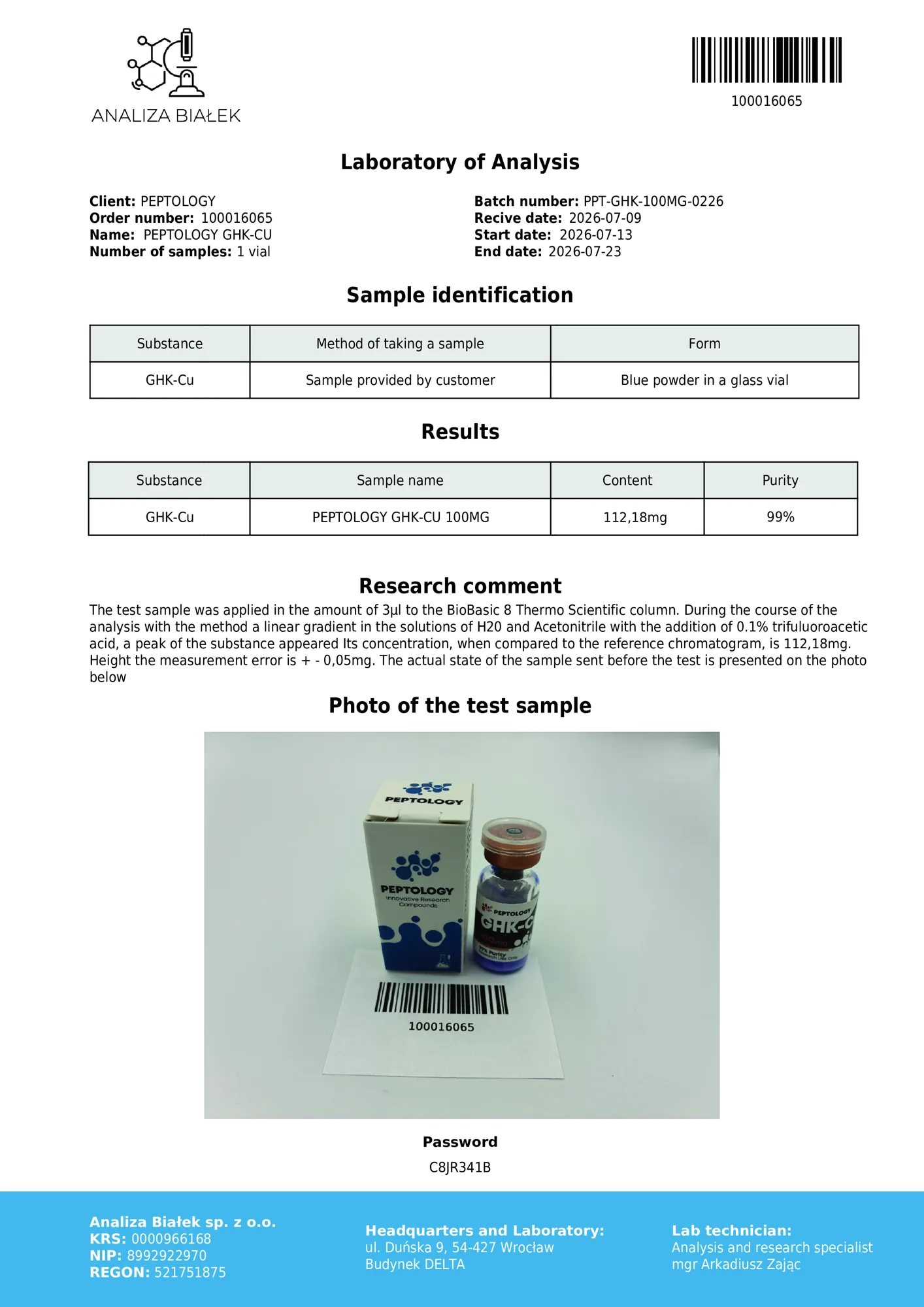 GHK-Cu 100 mg – HPLC purity certificate, batch 0226