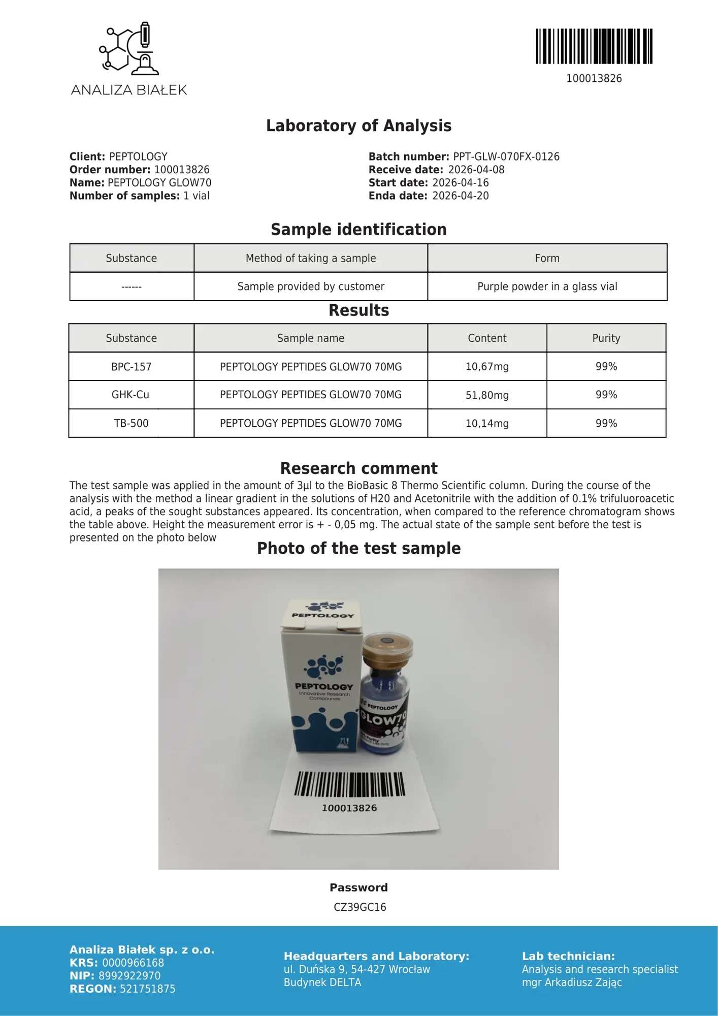 GLOW70 – HPLC purity certificate, batch 0126