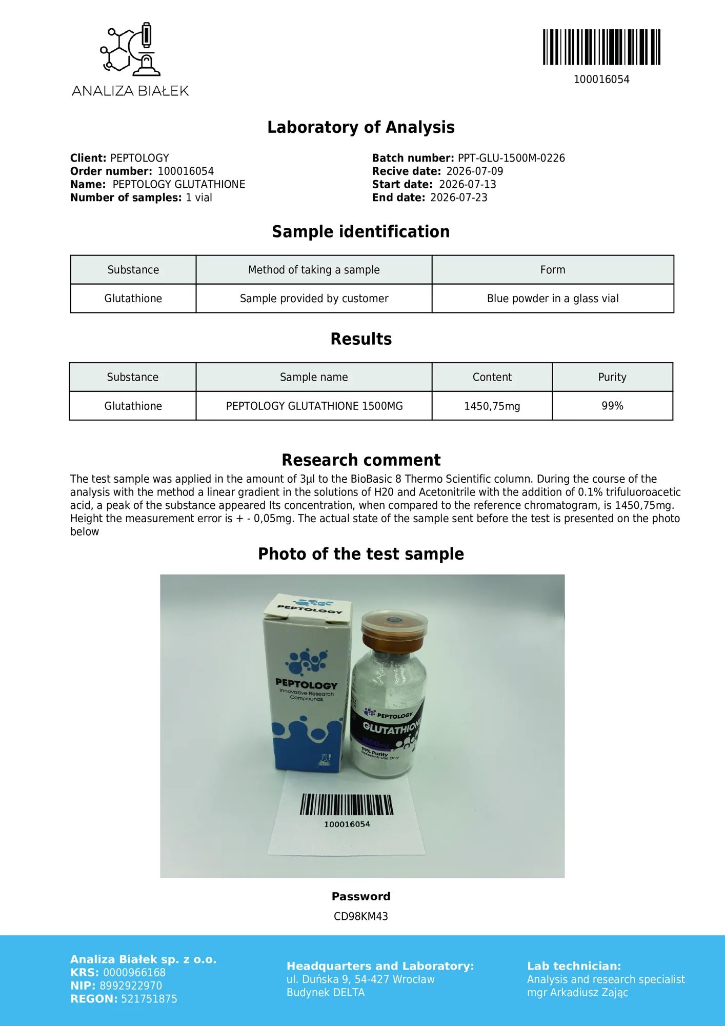 Glutathione 1500 mg – HPLC purity certificate, batch 0226