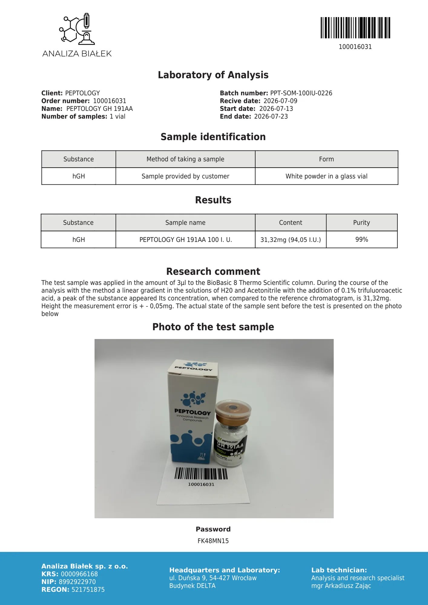 Somatropin 100 IU – HPLC purity certificate, batch 0226