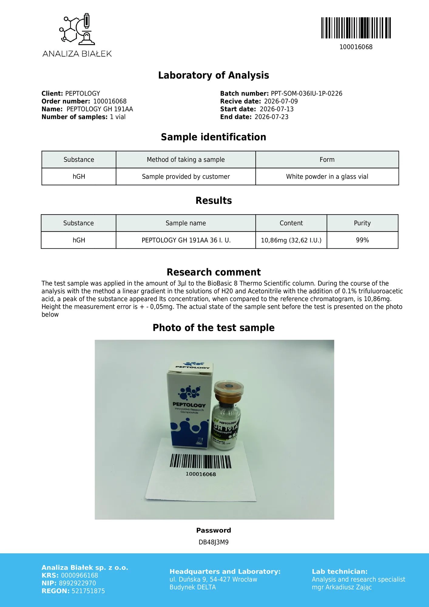 Somatropin 36 IU – HPLC purity certificate, batch 0226