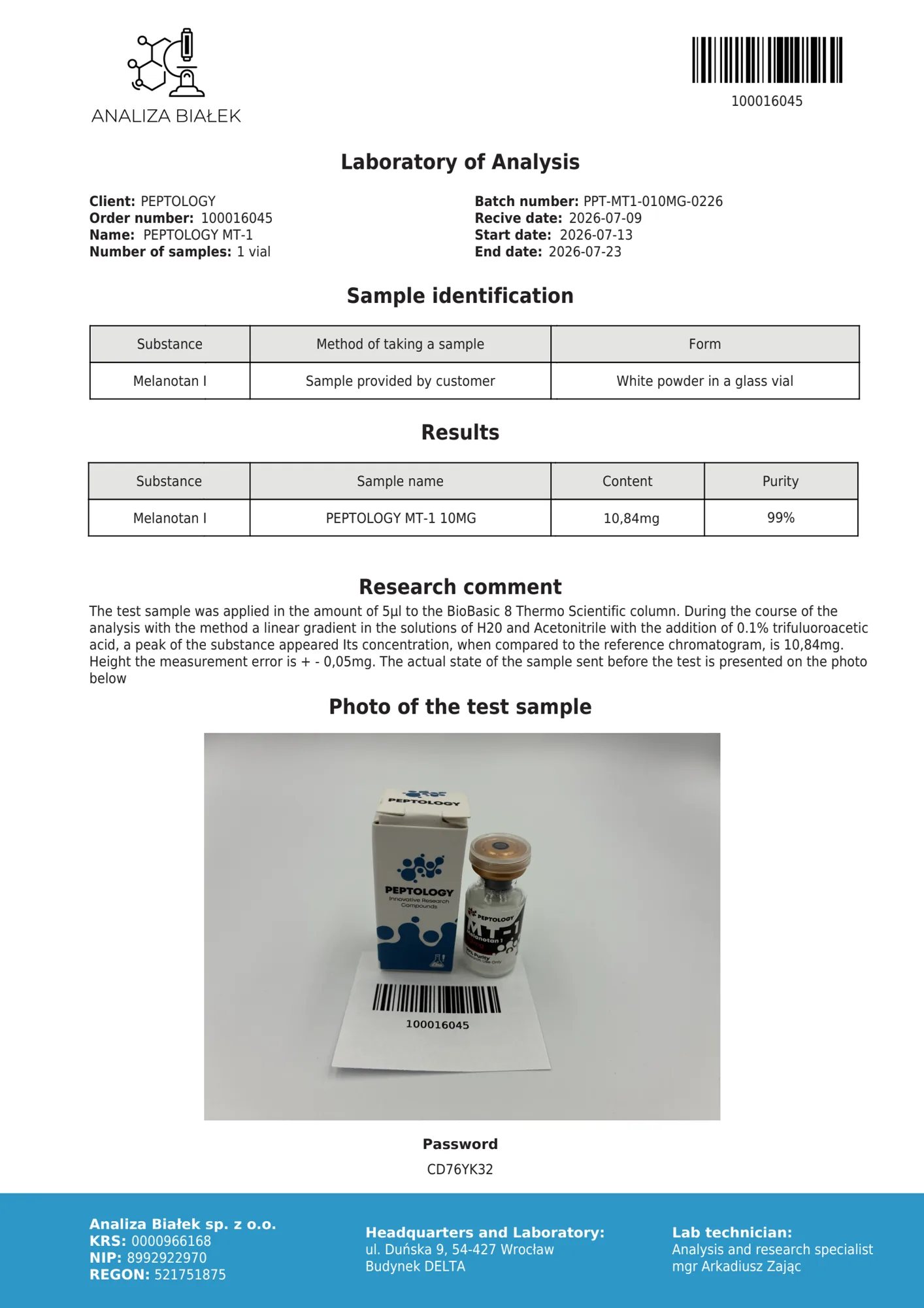 MT-1 10 mg – HPLC purity certificate, batch 0226
