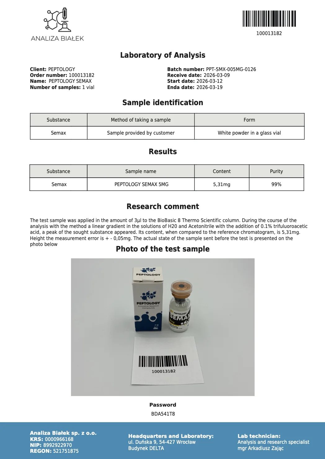 Semax 5 mg – HPLC purity certificate, batch 0126