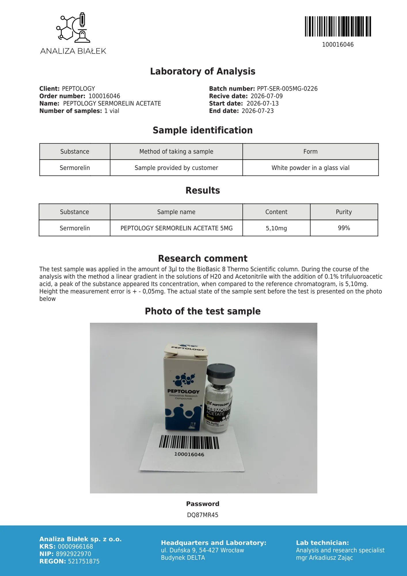 Sermorelin 5 mg – HPLC purity certificate, batch 0226
