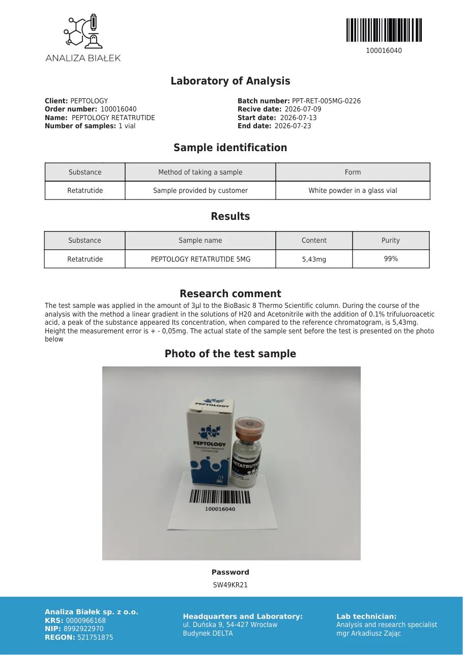 Retatrutide 5 mg – HPLC purity certificate, batch 0226