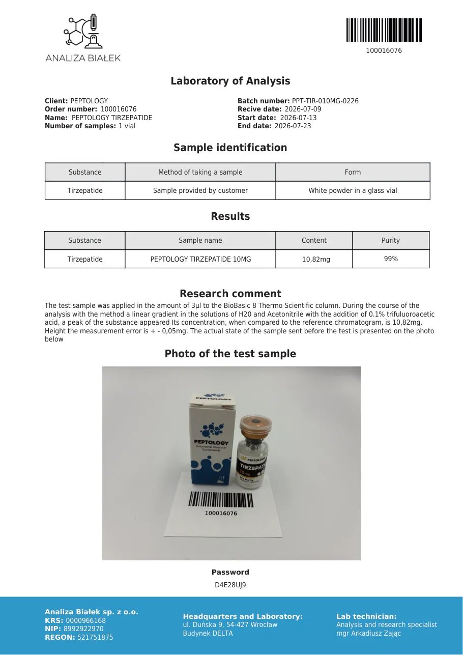 Tirzepatide 10 mg – HPLC purity certificate, batch 0226