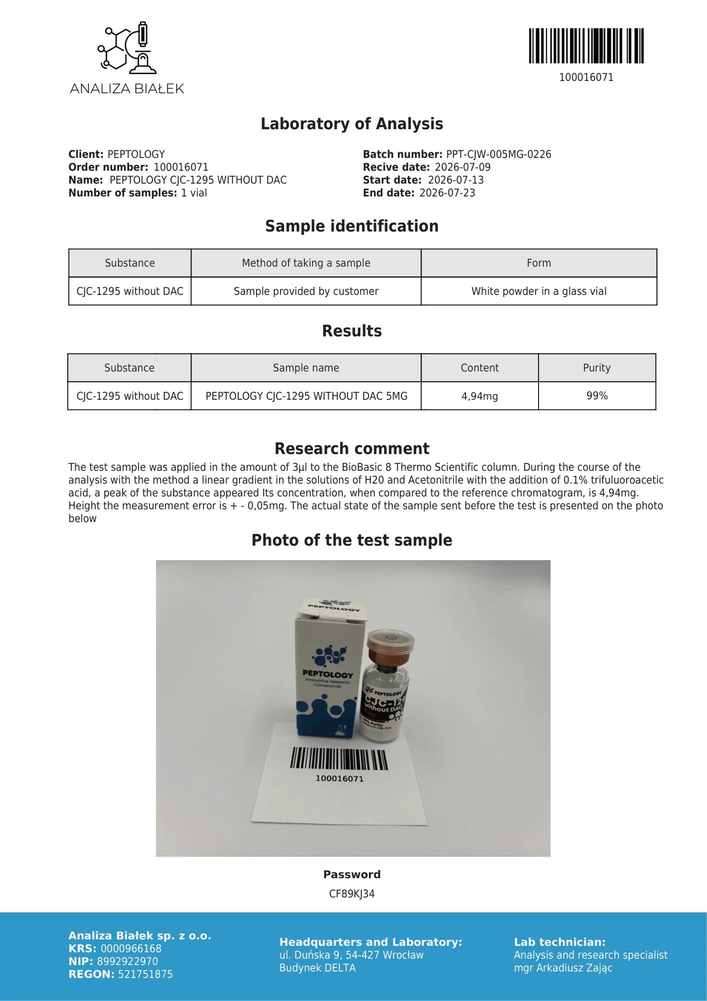 CJC-1295 sem DAC 5 mg – HPLC purity certificate