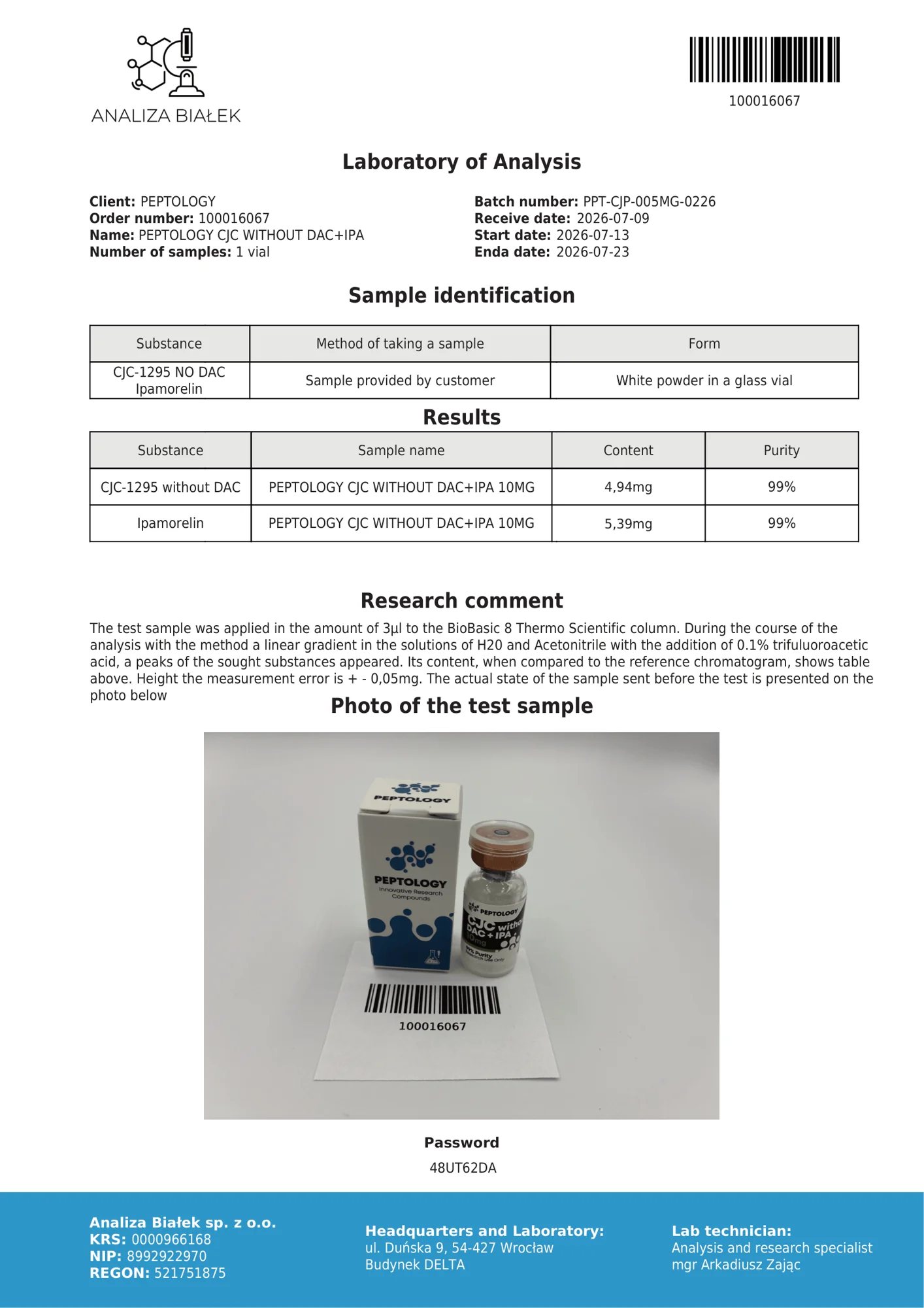 CJC-1295 + Ipamorelin 10 mg – HPLC purity certificate