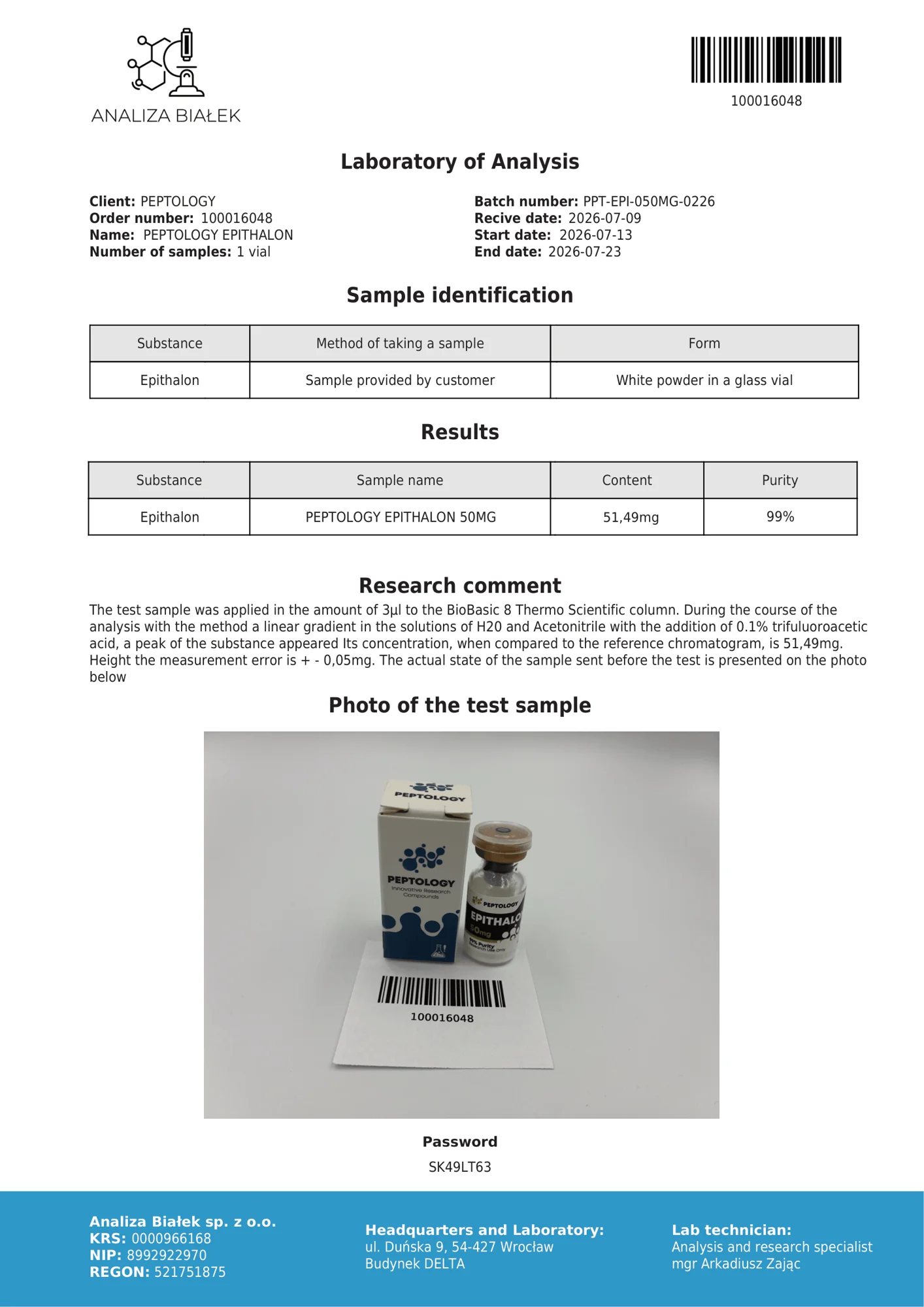 Epithalon 50 mg – HPLC purity certificate
