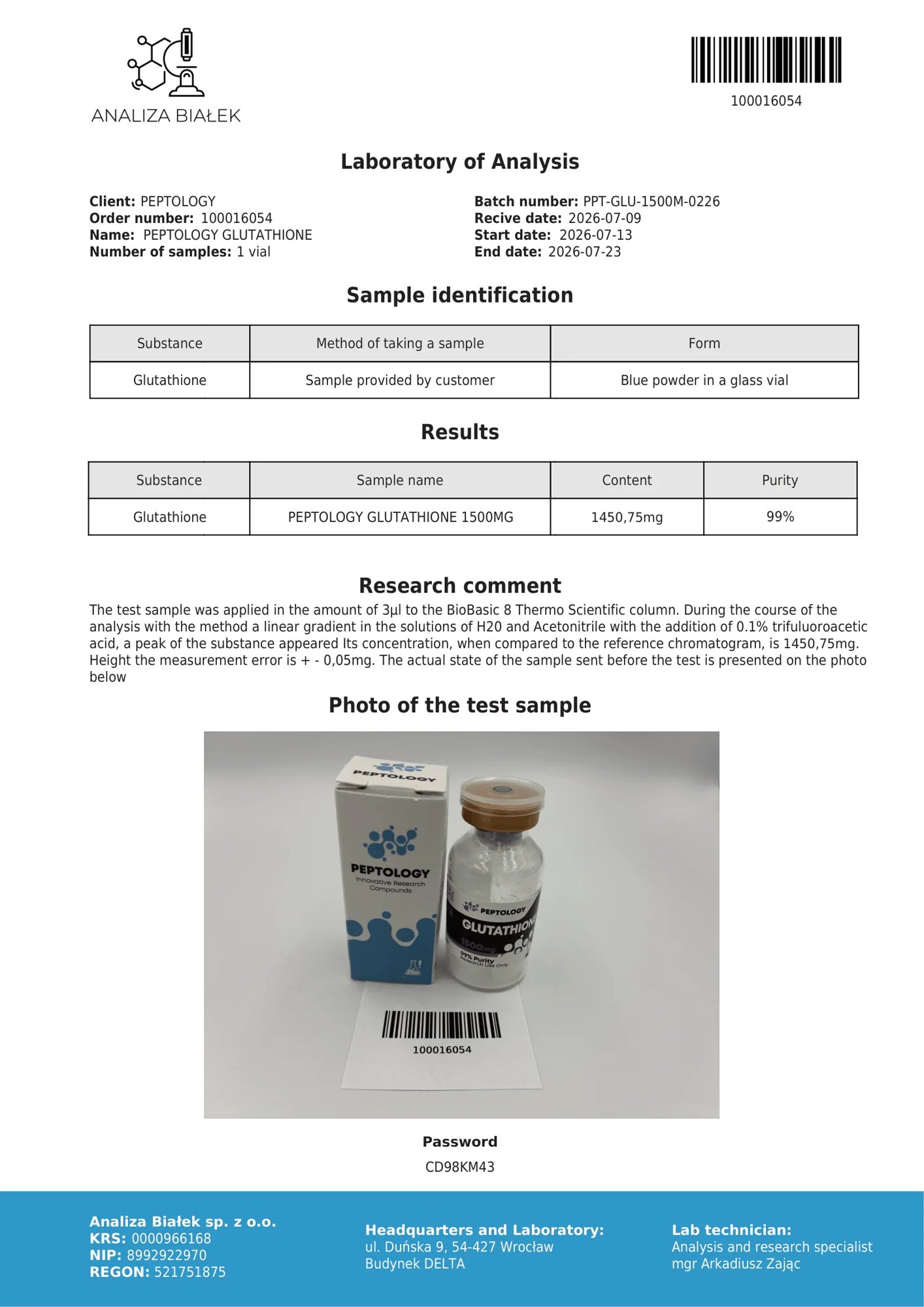 Glutathione 1500 mg – HPLC purity certificate