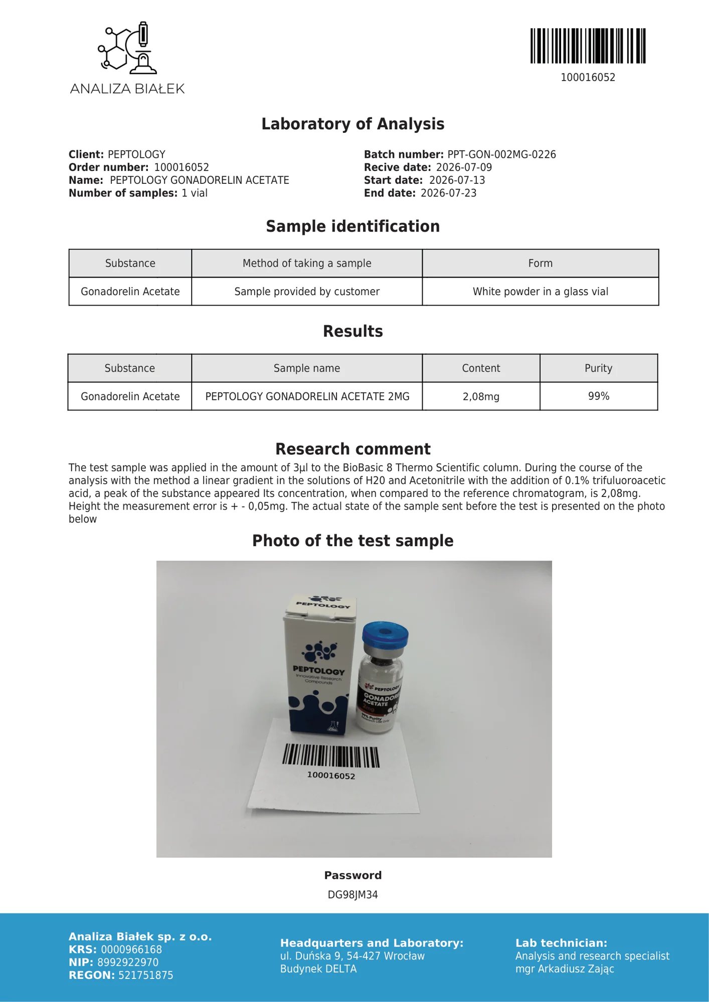 Gonadorelin 2 mg – HPLC purity certificate