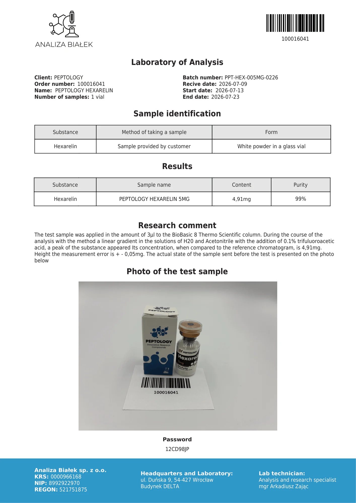 Hexarelin 5 mg – HPLC purity certificate