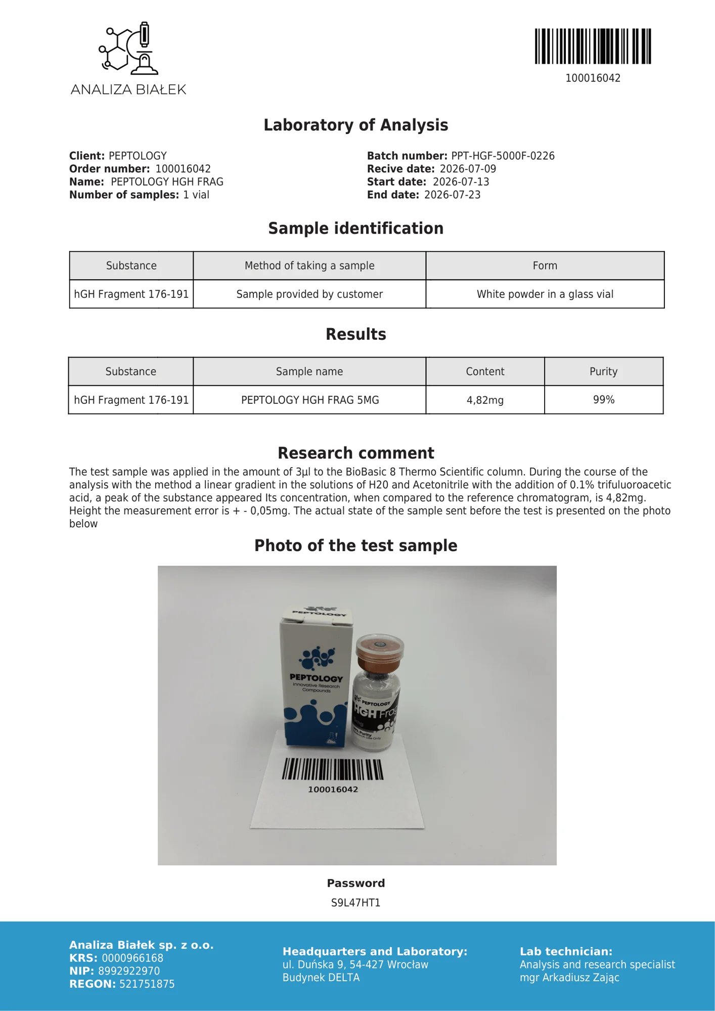 HGH Frag 5 mg – HPLC purity certificate