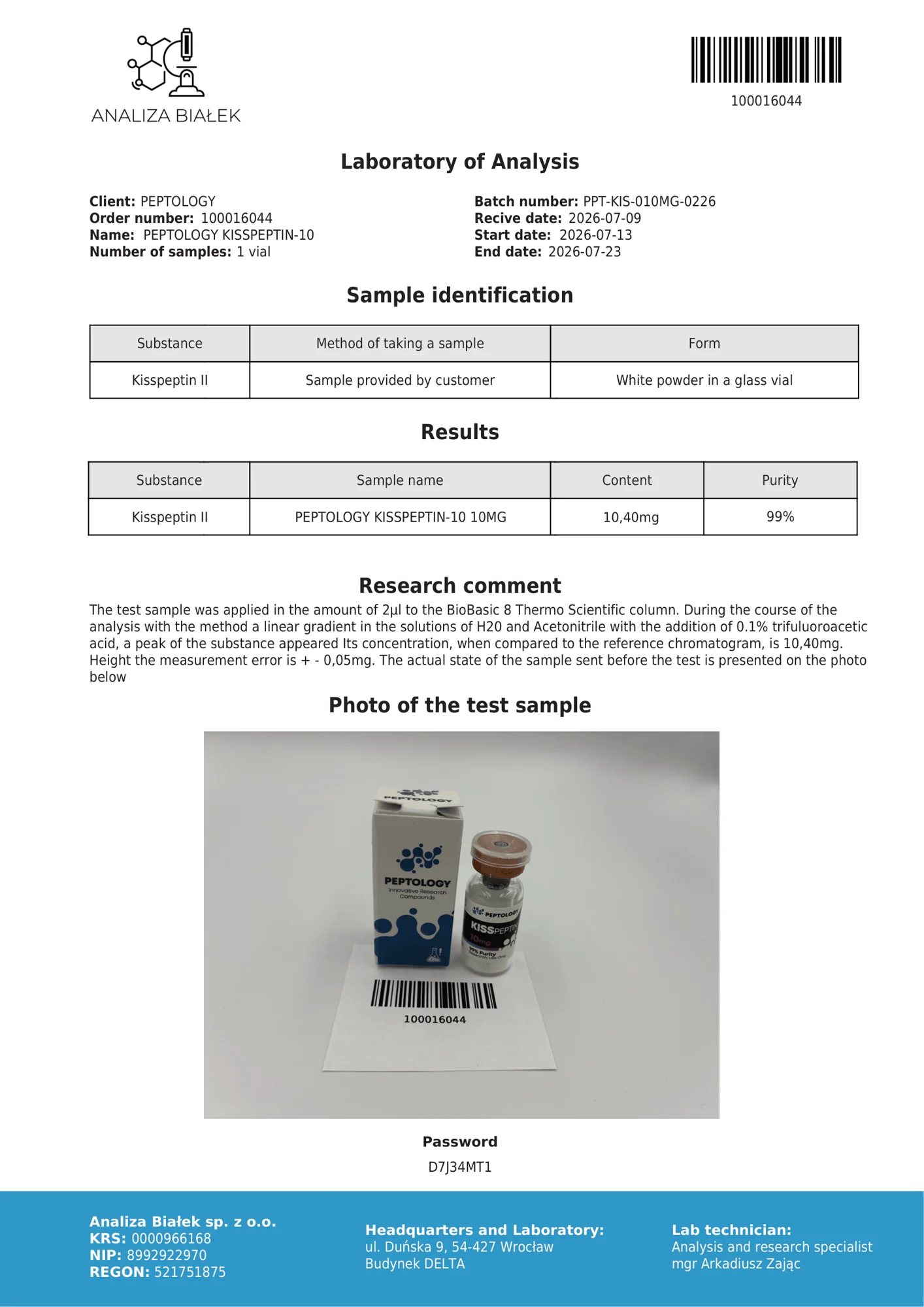 Kisspeptin-10 10 mg – HPLC purity certificate