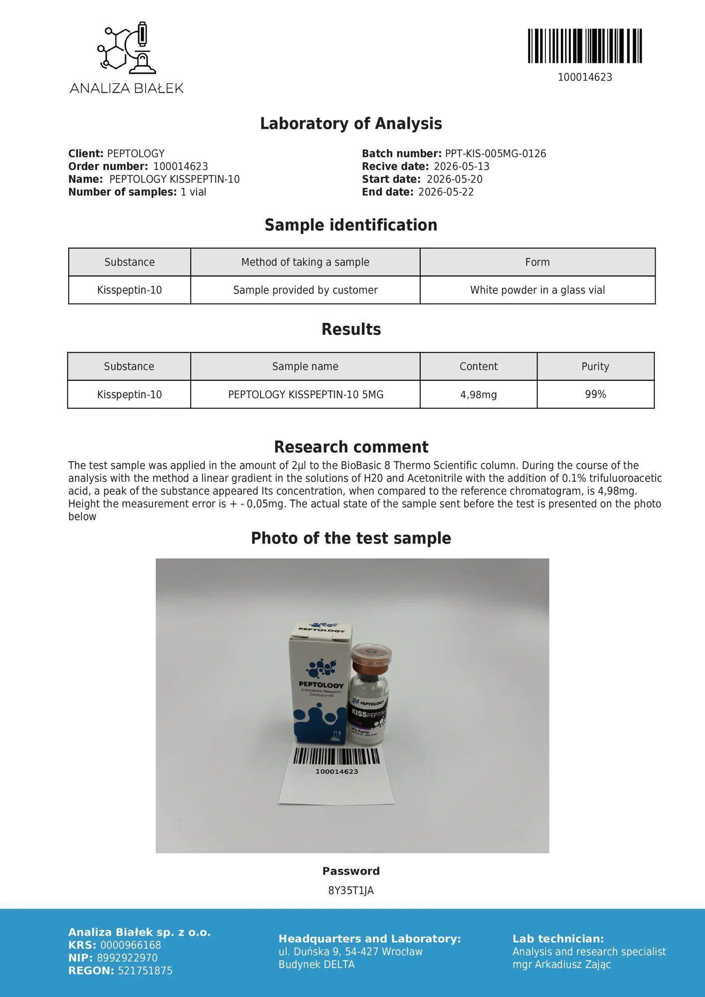 Kisspeptin-10 – HPLC purity certificate, batch 0126