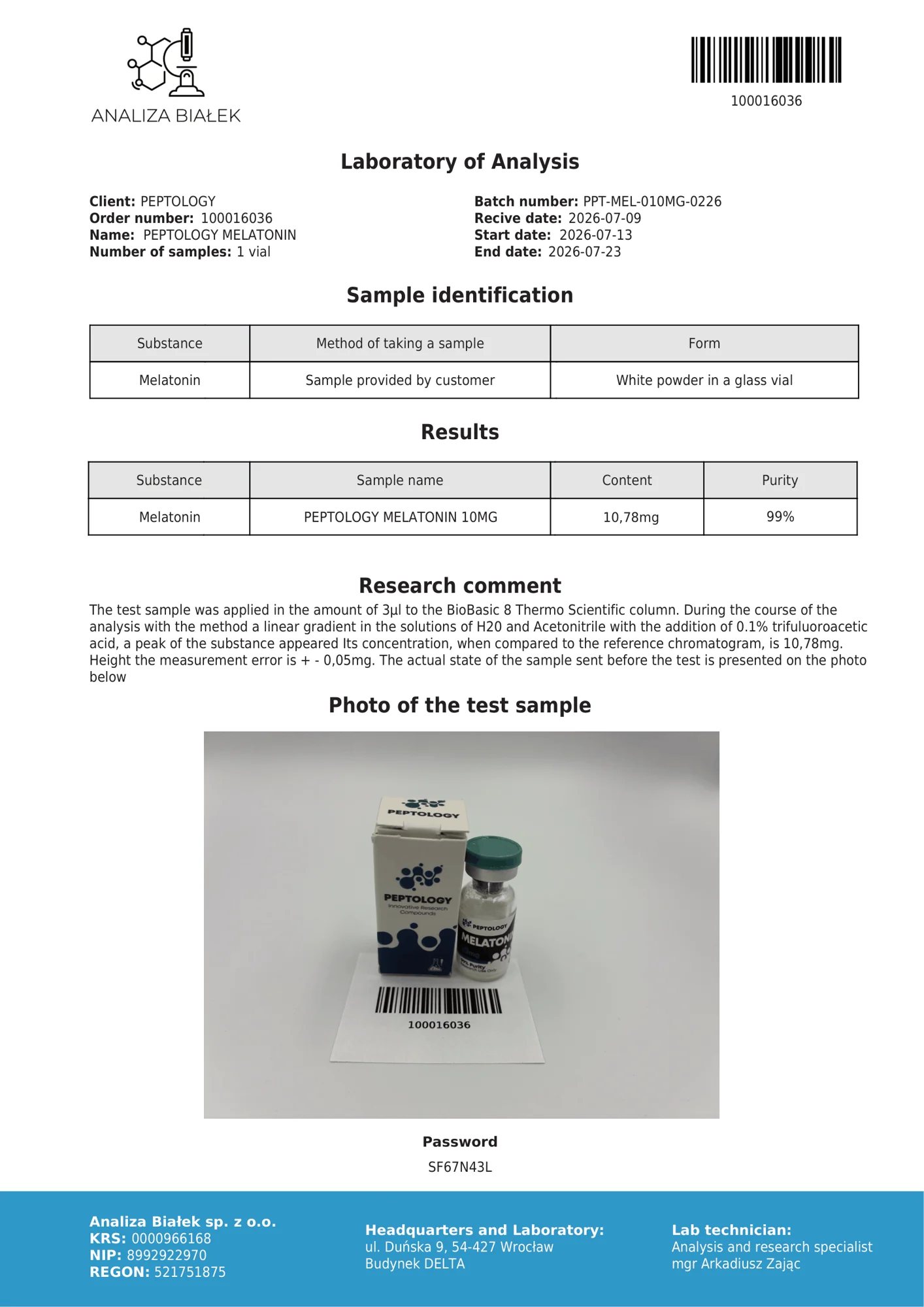 Melatonin 10 mg – HPLC purity certificate