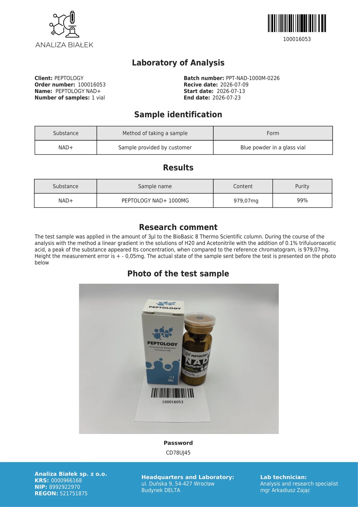NAD+ 1000 mg – HPLC purity certificate