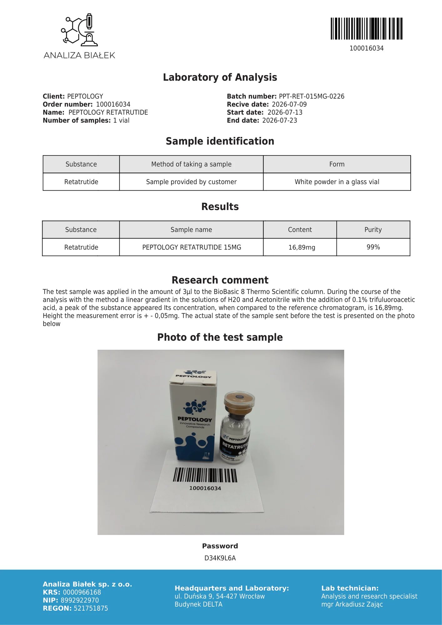 Retatrutide 15 mg – HPLC purity certificate