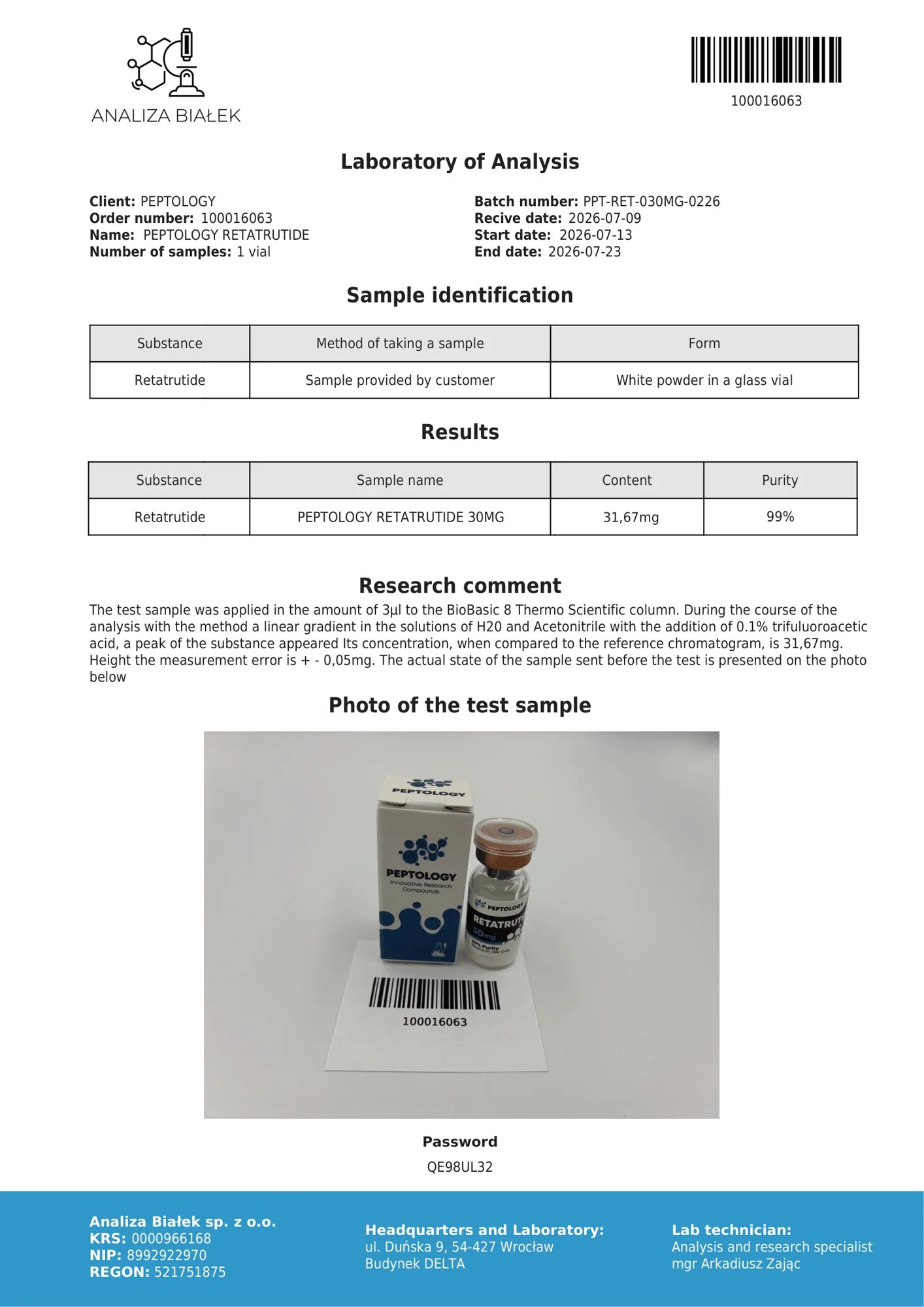 Retatrutide 30 mg – HPLC purity certificate