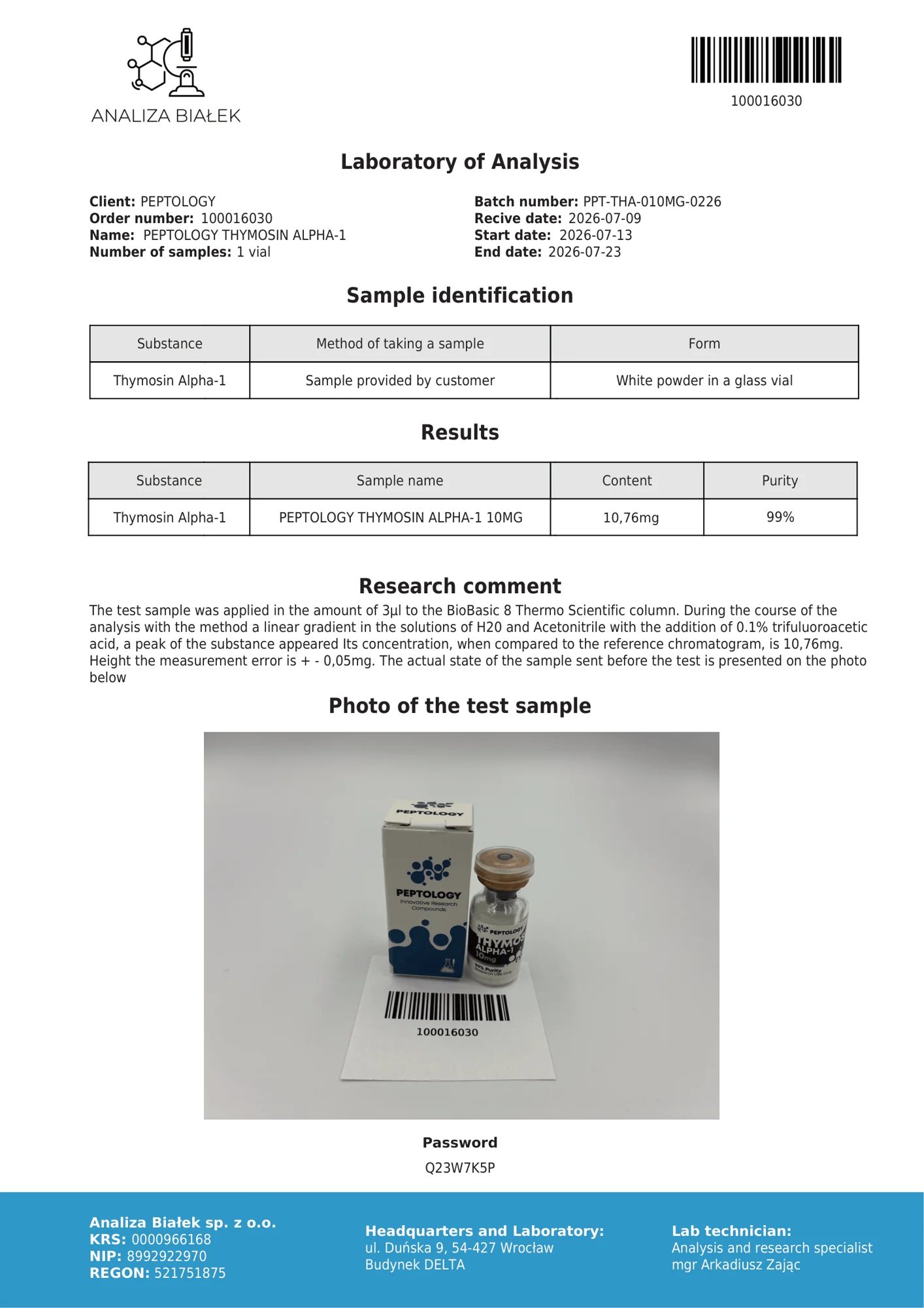 Thymosin Alpha-1 10 mg – HPLC purity certificate