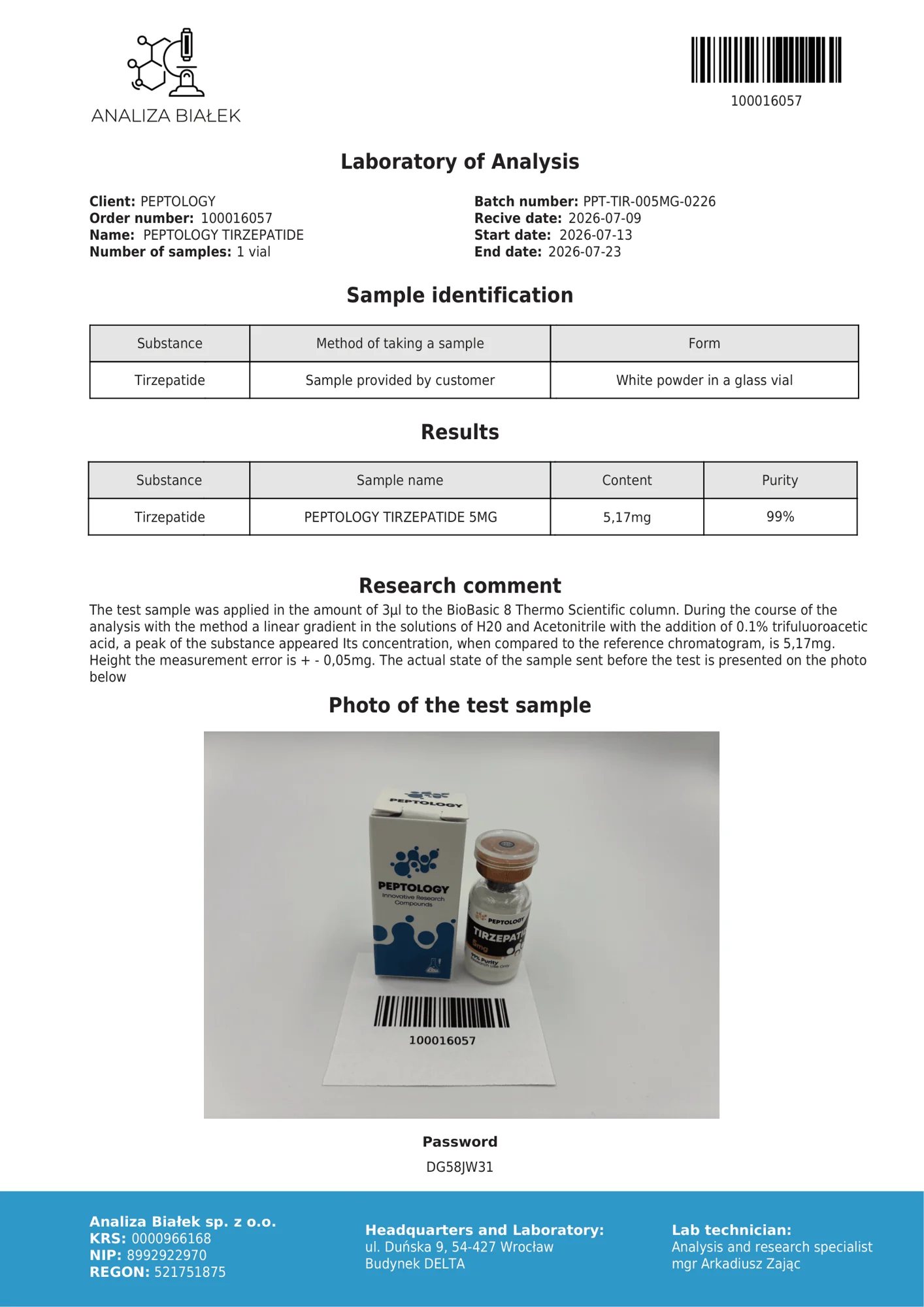 Tirzepatide 5 mg – HPLC purity certificate