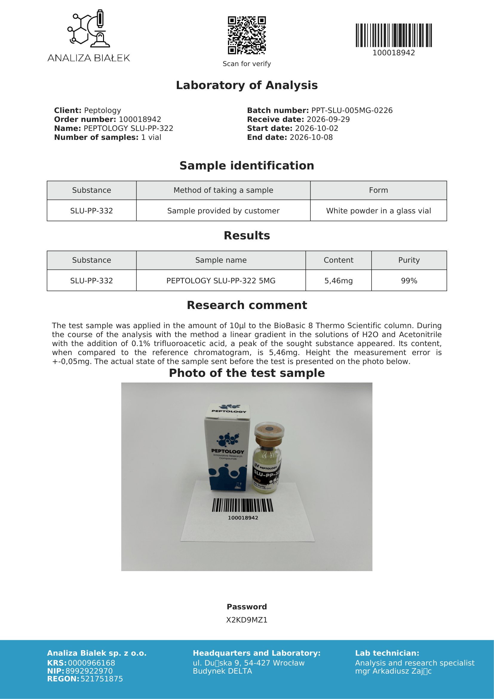 SLU-PP-332 – HPLC purity certificate, batch 0226
