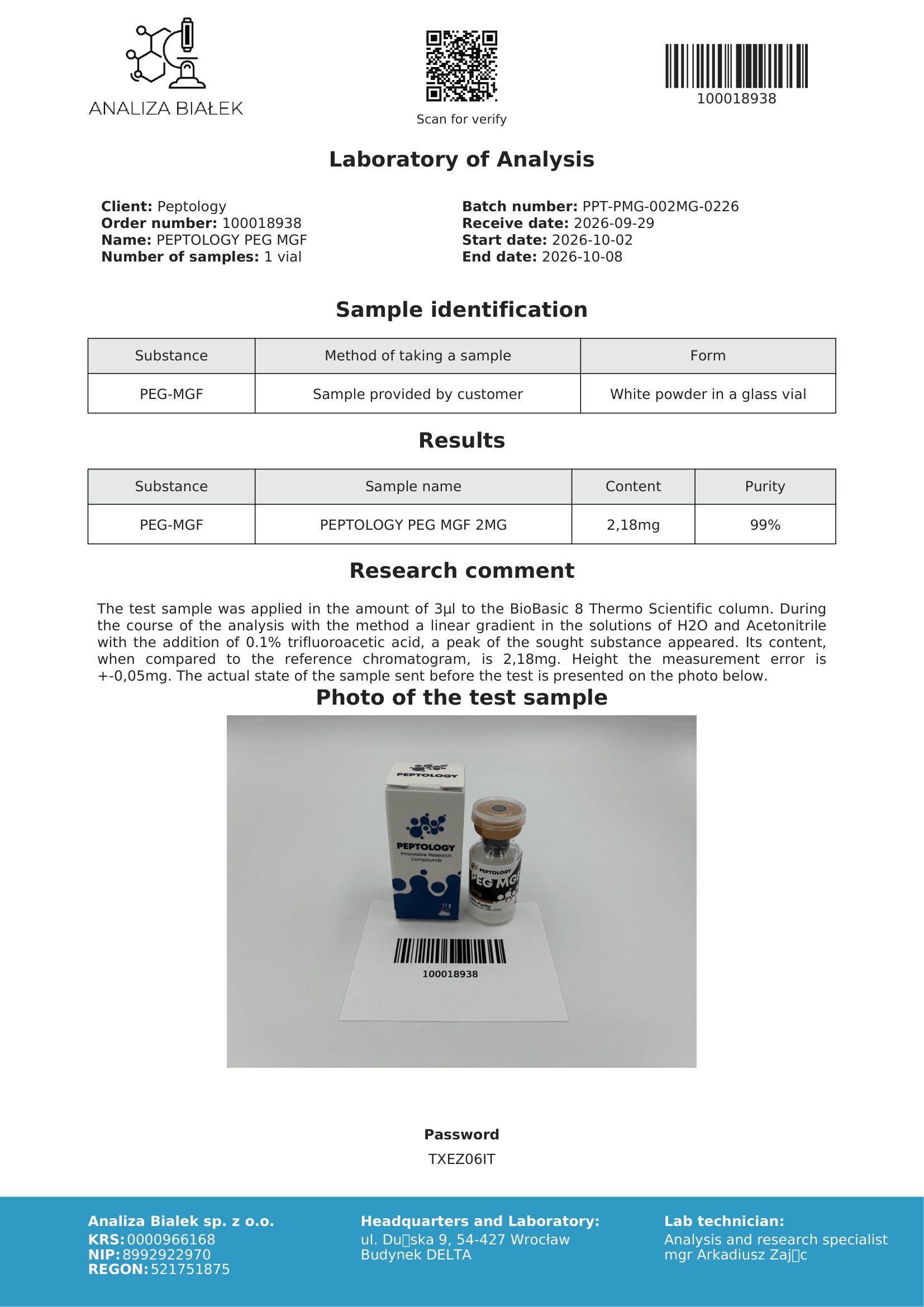 PEG-MGF 2 mg – HPLC purity certificate, batch 0226