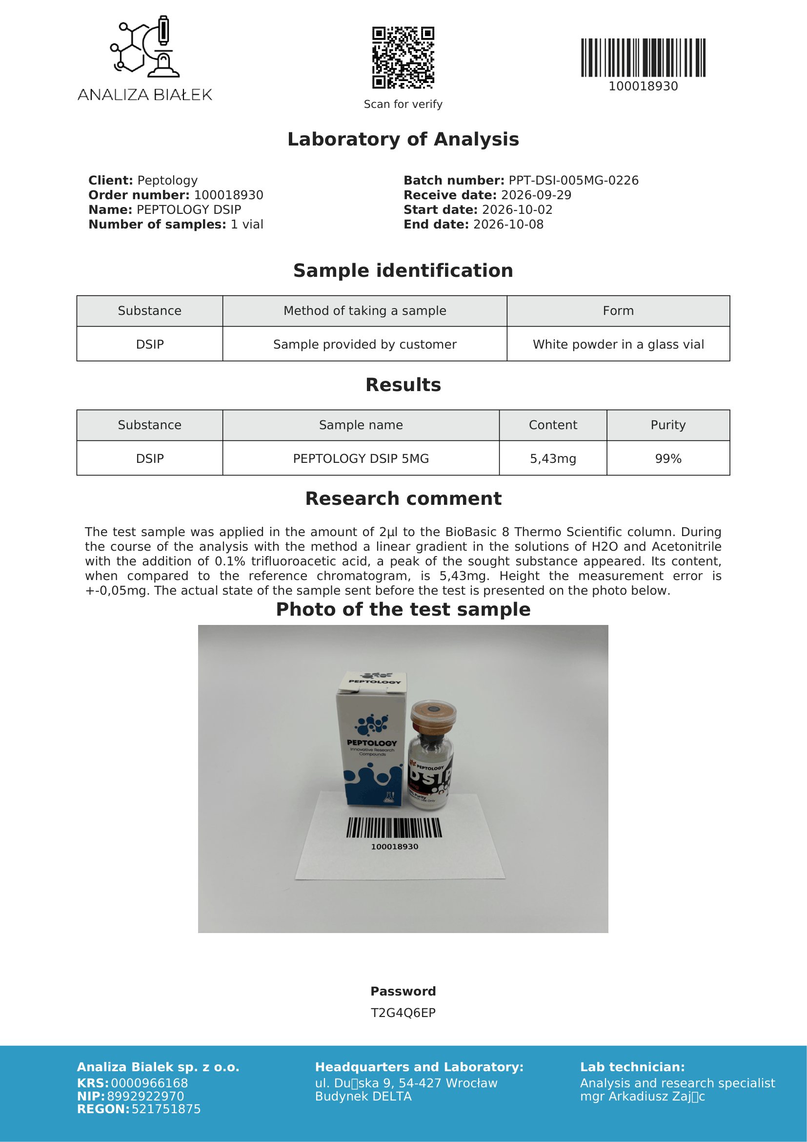 DSIP – HPLC purity certificate, batch 0226