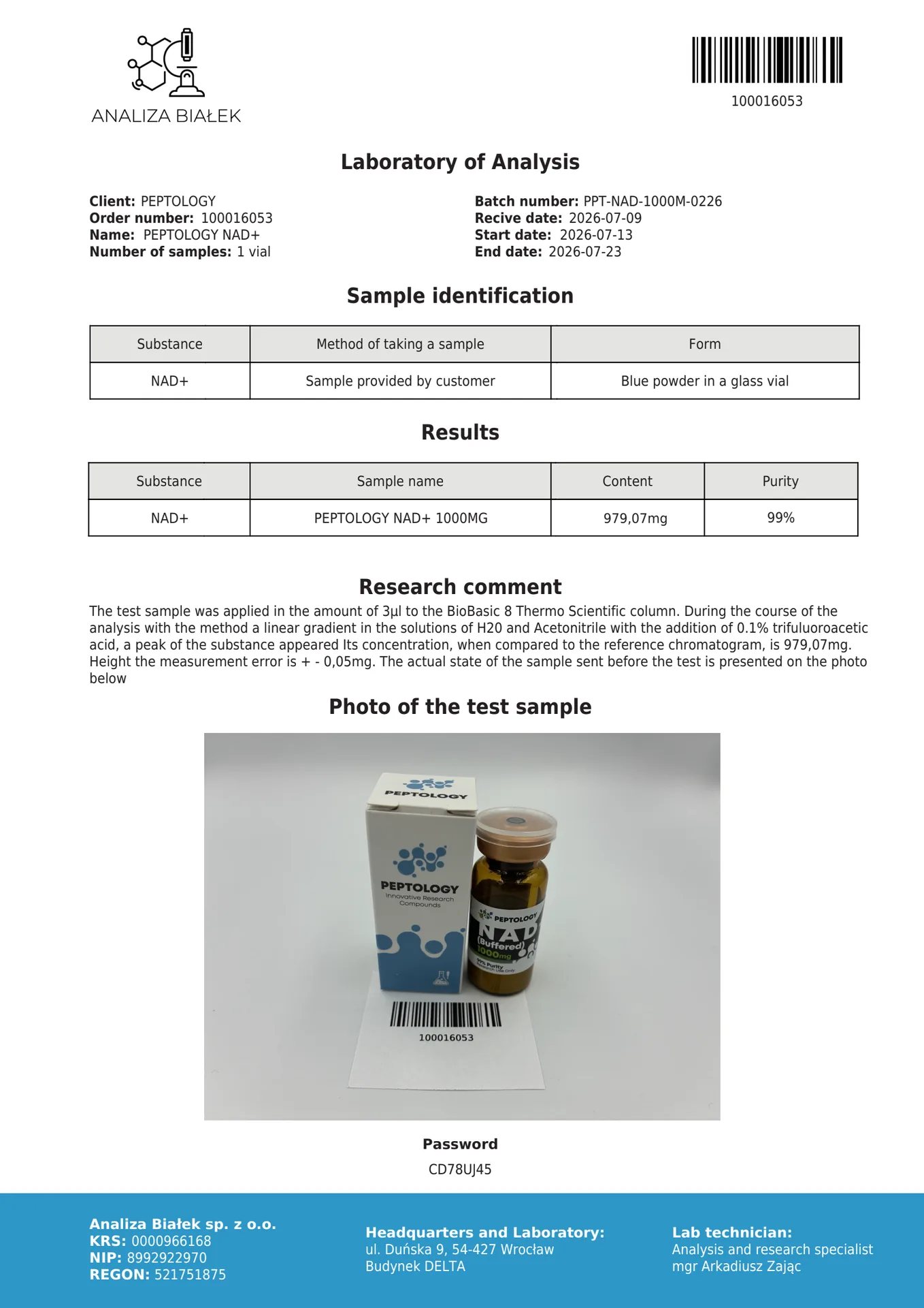 NAD+ (Buffered) 1000 mg – Coenzima para investigação mitocondrial – imagem 2